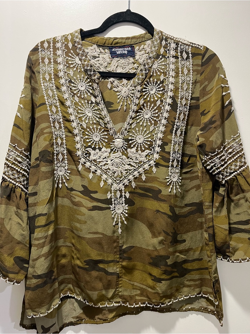 Johnny Was Olive Green Camo Tunic with Cream Embroidery